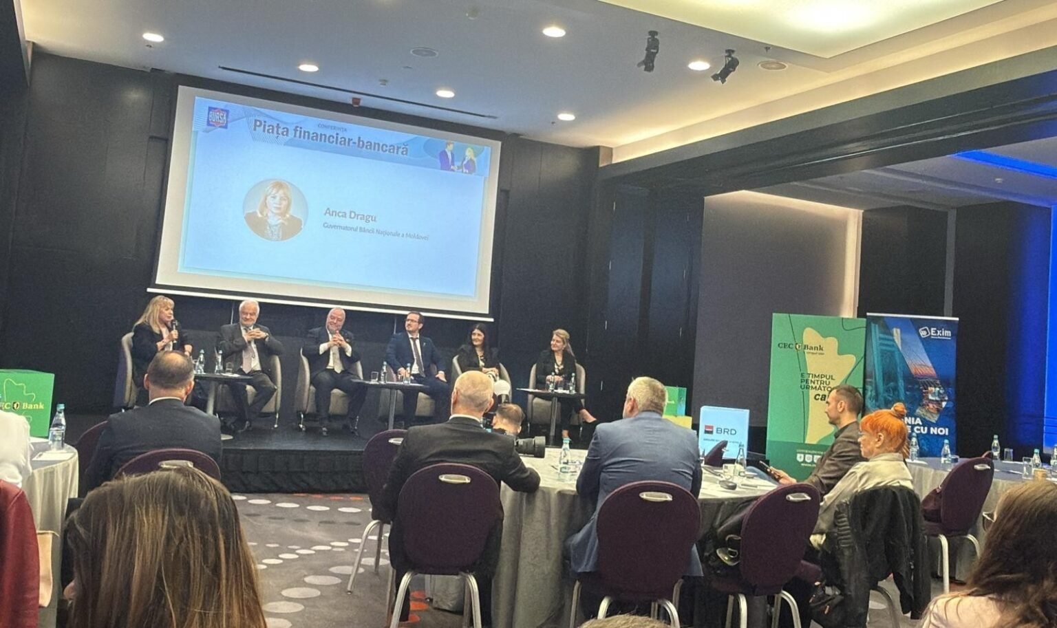 Панельная дискуссия в Бухаресте, на экране имя Анки Драгу