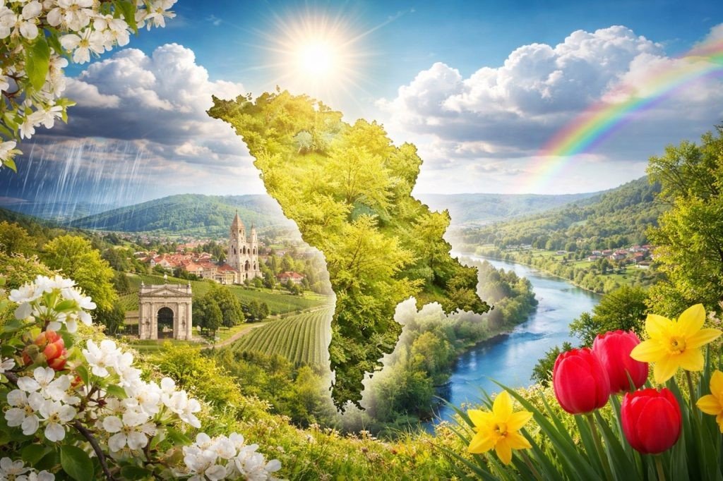 Весенний пейзаж Молдовы с цветущими деревьями, тюльпанами, рекой и радугой на фоне солнечного неба