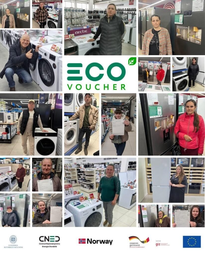Коллаж из фотографий участников государственной программы EcoVoucher: жители Молдовы позируют в торговых залах рядом с новыми холодильниками и стиральными машинами, держа в руках ваучеры. В центре — логотип EcoVoucher, внизу — эмблемы правительства Молдовы, Норвегии, немецкого агентства GIZ и Евросоюза, финансирующих инициативу