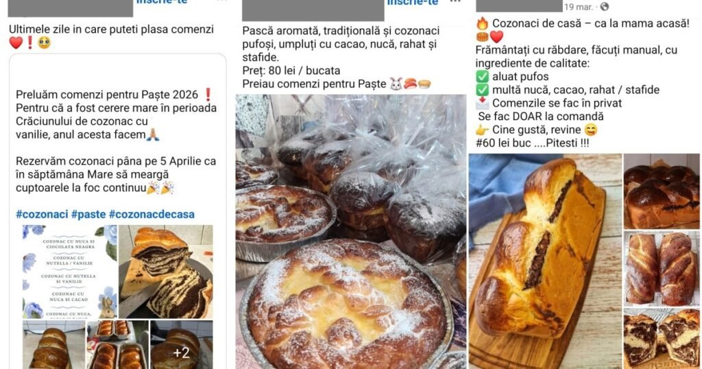 Скриншоты объявлений о продаже домашних куличей (cozonaci) в румынских социальных сетях — цены, описания и фотографии выпечки без санитарного контроля
