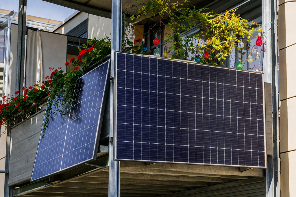 Солнечная панель на балконе многоквартирного дома рядом с цветочными ящиками