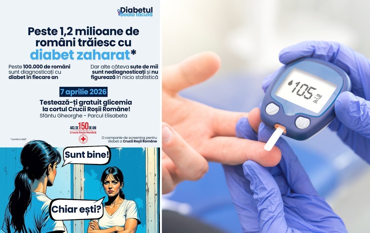 Плакат кампании Красного Креста Румынии по бесплатному скринингу диабета: более 1,2 млн румын живут с сахарным диабетом, глюкометр показывает уровень 105 мг/дл
