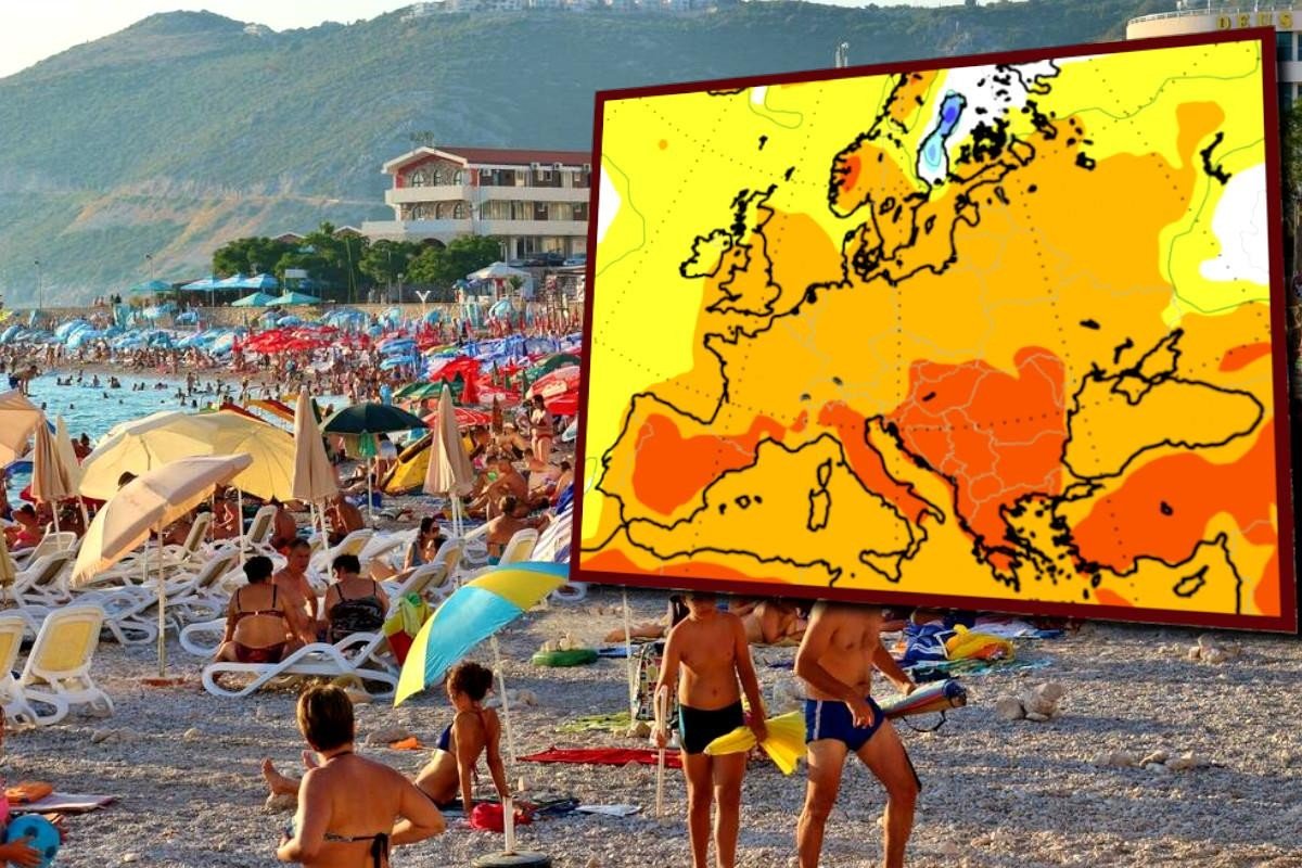 Отдыхающие на пляже на фоне карты аномальных температур в Европе — визуализация прогноза жаркого лета 2026 года