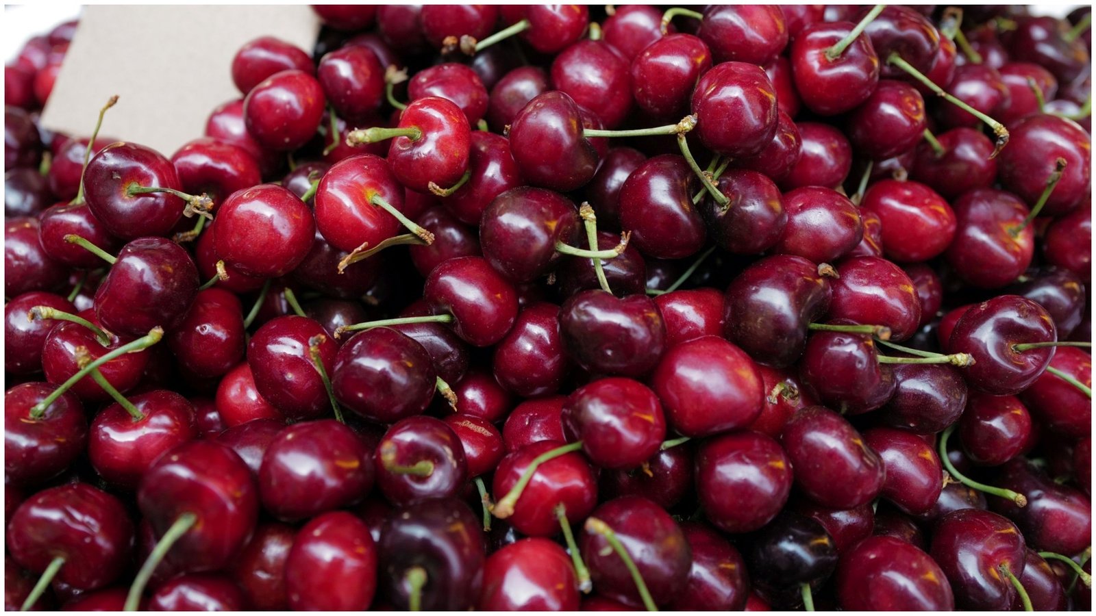Спелая тёмно-красная черешня крупным планом на прилавке