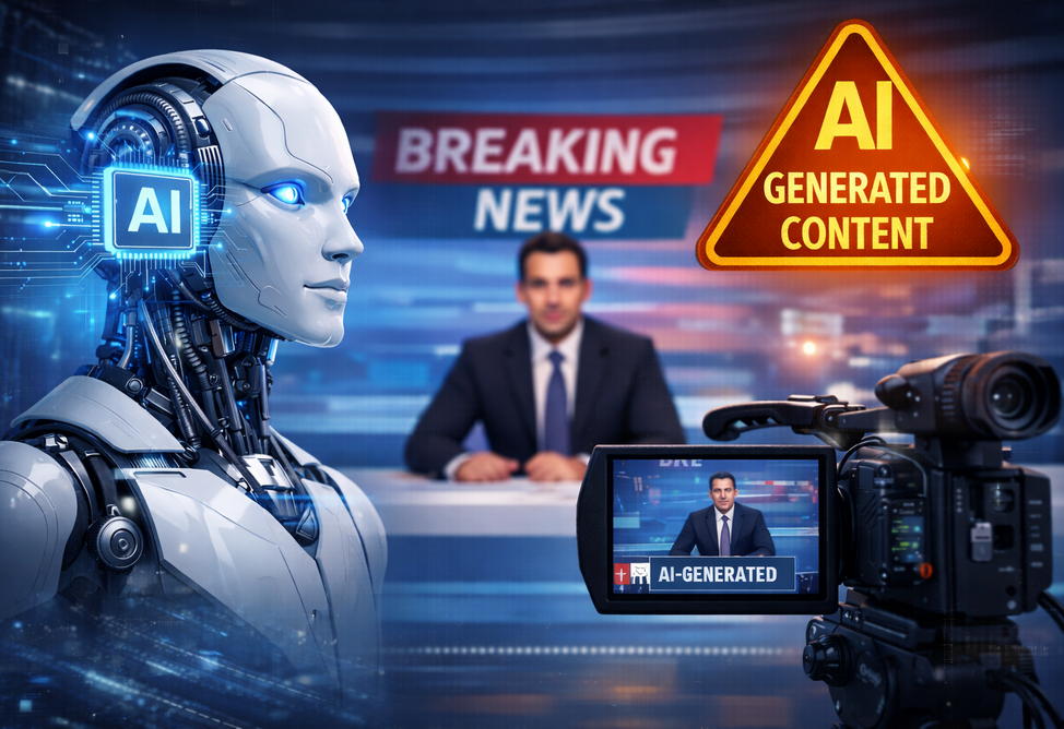 Робот с искусственным интеллектом в телевизионной студии рядом с ведущим новостей, на экране надпись «AI Generated Content»