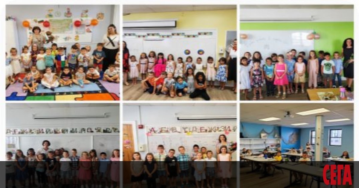 Коллаж фотографий из болгарских воскресных школ в Чикаго: дети на занятиях с учителями в классных комнатах