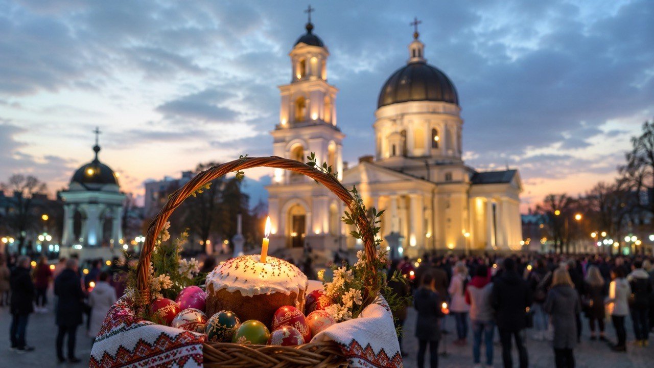 Пасхальная корзина с куличом и крашеными яйцами на фоне освещённого кафедрального собора в вечернем Кишинёве