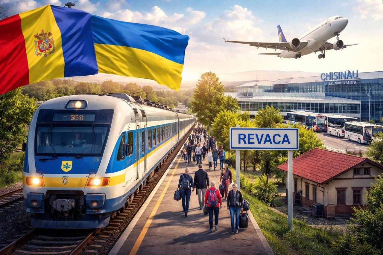 Концептуальная иллюстрация станции Ревака: поезд, пассажиры с багажом, флаги Молдовы и Украины, аэропорт Кишинёва на фоне