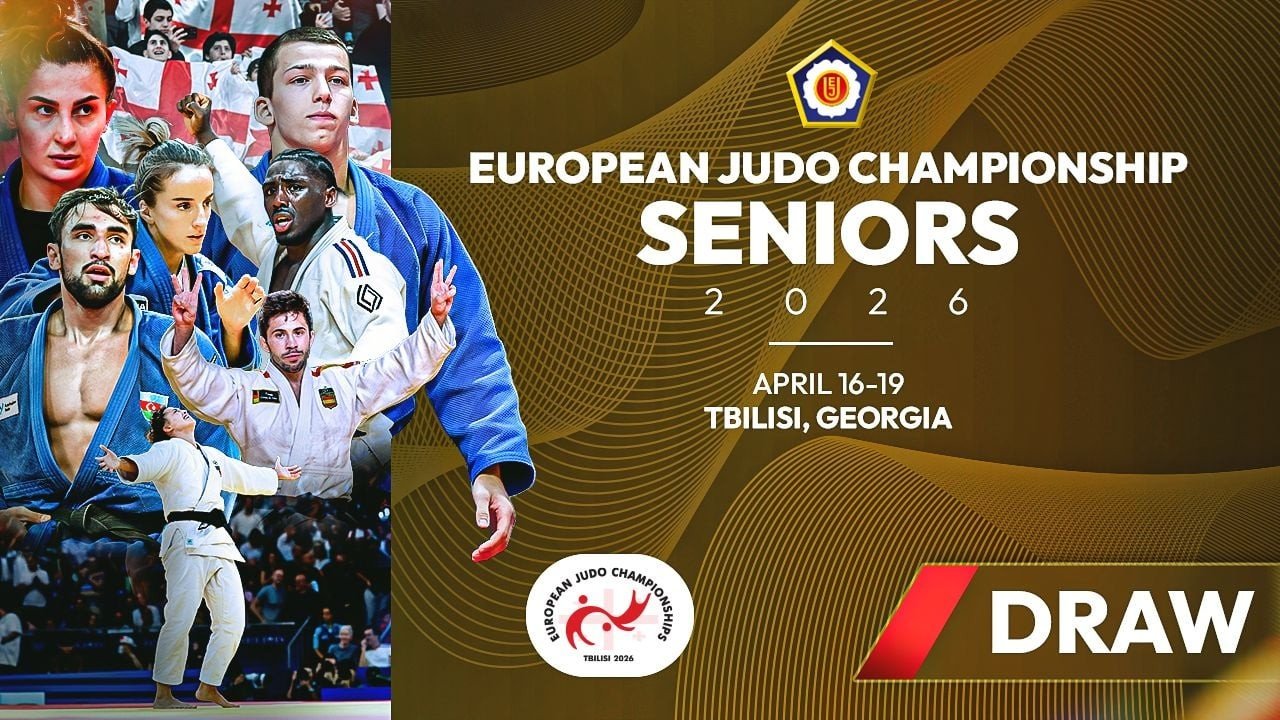Официальный промо-постер чемпионата Европы по дзюдо среди взрослых в Тбилиси 16–19 апреля 2026 года с портретами ведущих дзюдоистов континента