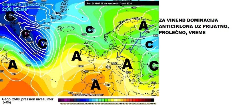 Карта геопотенциала ECMWF на 19 апреля: антициклон господствует над Центральной Европой и обеспечивает Балканам тёплые солнечные выходные
