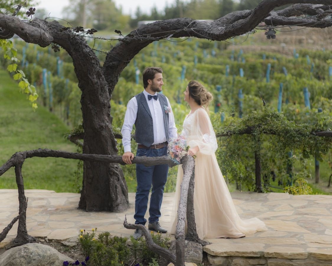 Вход в грузинский марани с круглой дубовой дверью и каменной кладкой на склоне холма