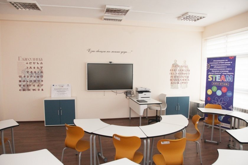 Интерьер нового STEAM-кабинета ОУ «Васил Левски» во Варне с настенной глаголицей и кириллицей