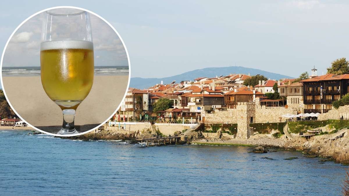 Коллаж: бокал пива рядом с видом на старый Созополь и Чёрное море