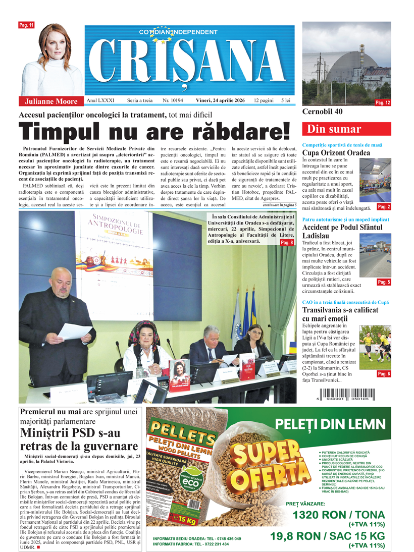 Первая полоса газеты Crișana за 24 апреля с вынесенным в заголовок материалом об онкопациентах «Timpul nu are răbdare»