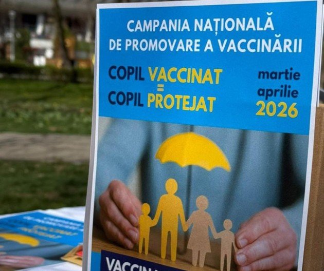 Плакат национальной кампании иммунизации «Copil vaccinat = Copil protejat» («Вакцинированный ребёнок = защищённый ребёнок») на информационной точке Красного Креста в жудеце Брашов в рамках недели ROR, апрель 2026