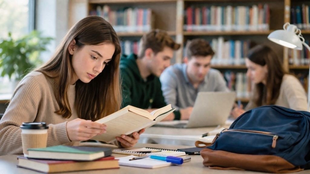 Студентка читает книгу в библиотеке за столом с учебными принадлежностями, на заднем плане — другие студенты работают за ноутбуками