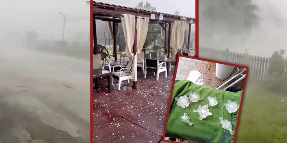 Последствия летней градовой бури в Сербии — ледяные градины на террасе и пелена дождя над участком