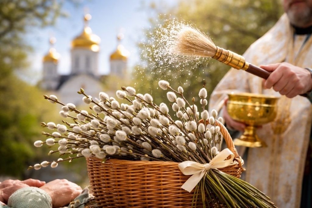 Священник окропляет святой водой вербные ветки во время праздничной службы
