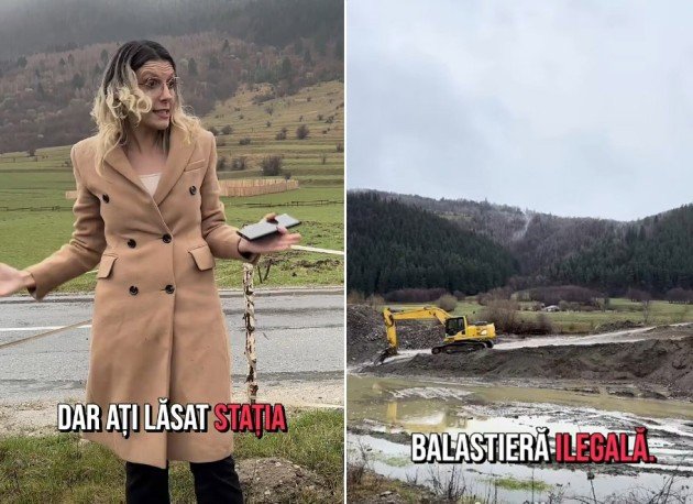 Министр экологии Диана Бузояну на месте нелегальной балластной добычи в Зэрнешть, жудец Брашов. Справа — экскаватор на территории незаконного карьера