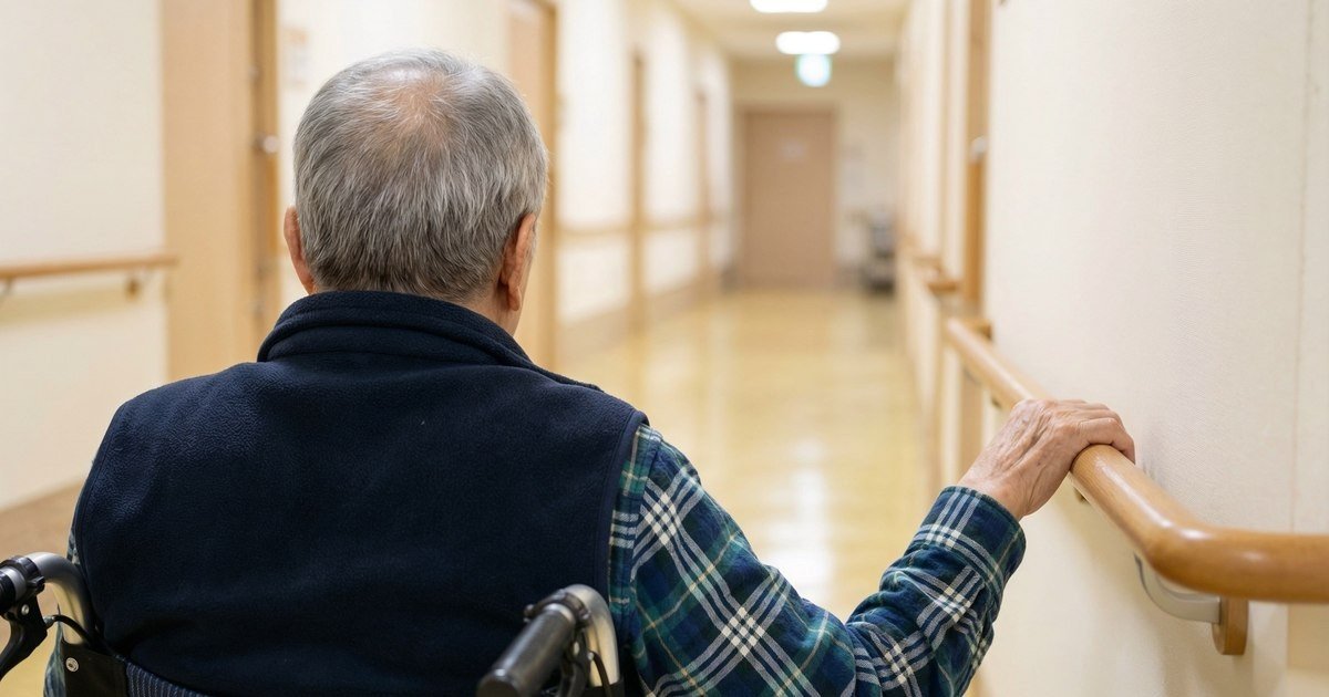 Пожилой мужчина в инвалидном кресле в больничном коридоре — символ проблемы одиноких стариков, оставленных в больницах из-за нехватки социальных служб