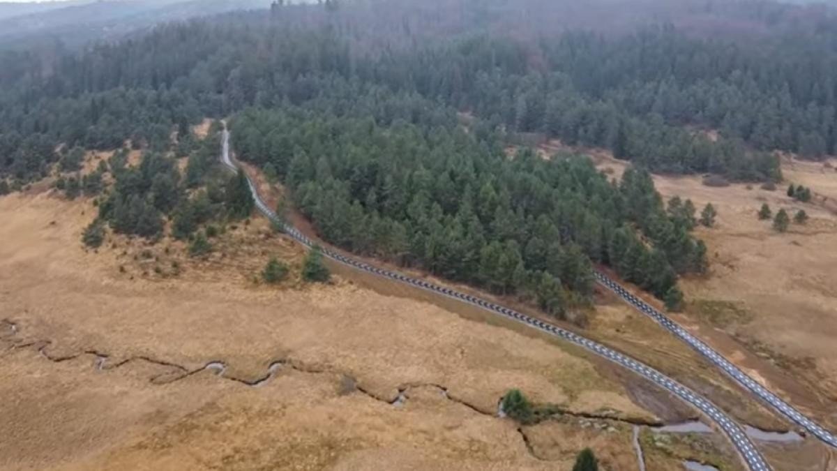 Вид с воздуха на велодорожку, проходящую через лесистые холмы вблизи села Ваду-Добрий