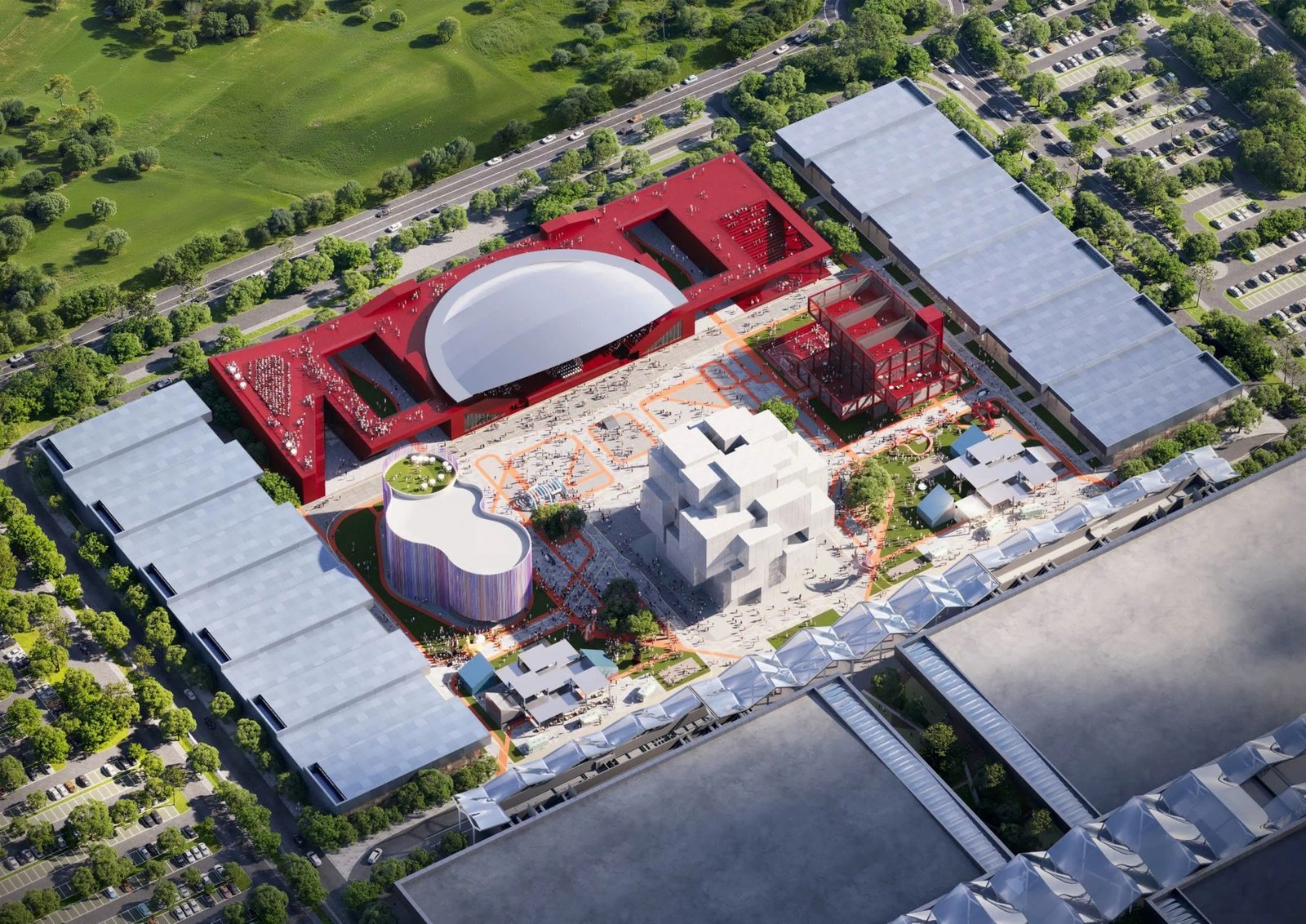 Генеральный план выставочного комплекса Expo 2027 в Белграде — вид сверху с центральным павильоном и аллеями