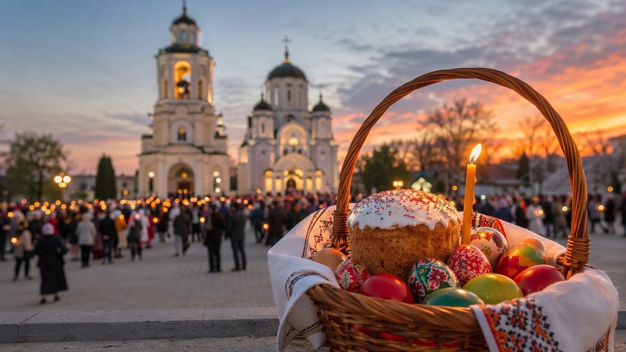 Пасхальная корзина с куличом и расписными яйцами у храма на закате — традиция освящения в Бельцах