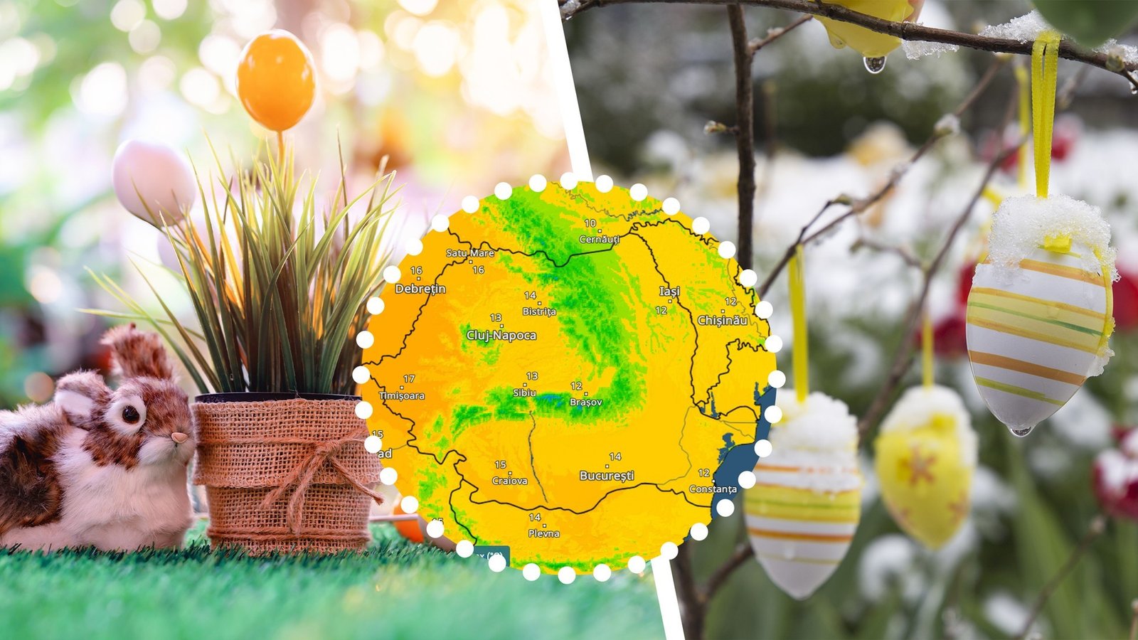 Коллаж с прогнозом погоды на Пасху в Румынии: пасхальные украшения в снегу и карта температур