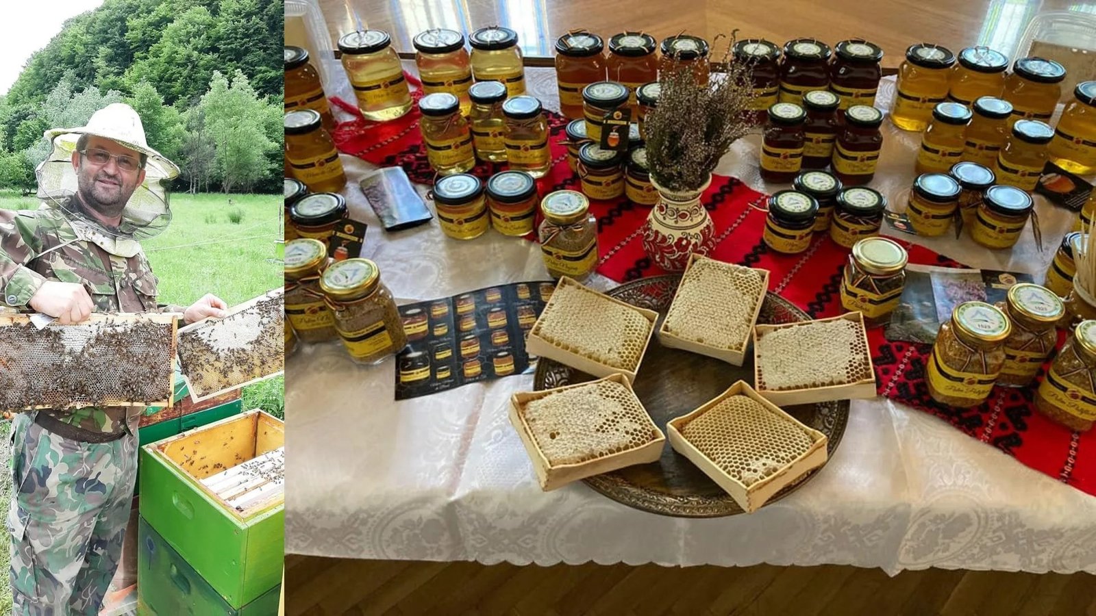 Слева — Михай Грама в пчеловодческом костюме на альпийском лугу достаёт рамку с пчёлами из улья. Справа — ассортимент его продукции: баночки горного мёда и восковые соты на блюде с традиционной румынской вышивкой