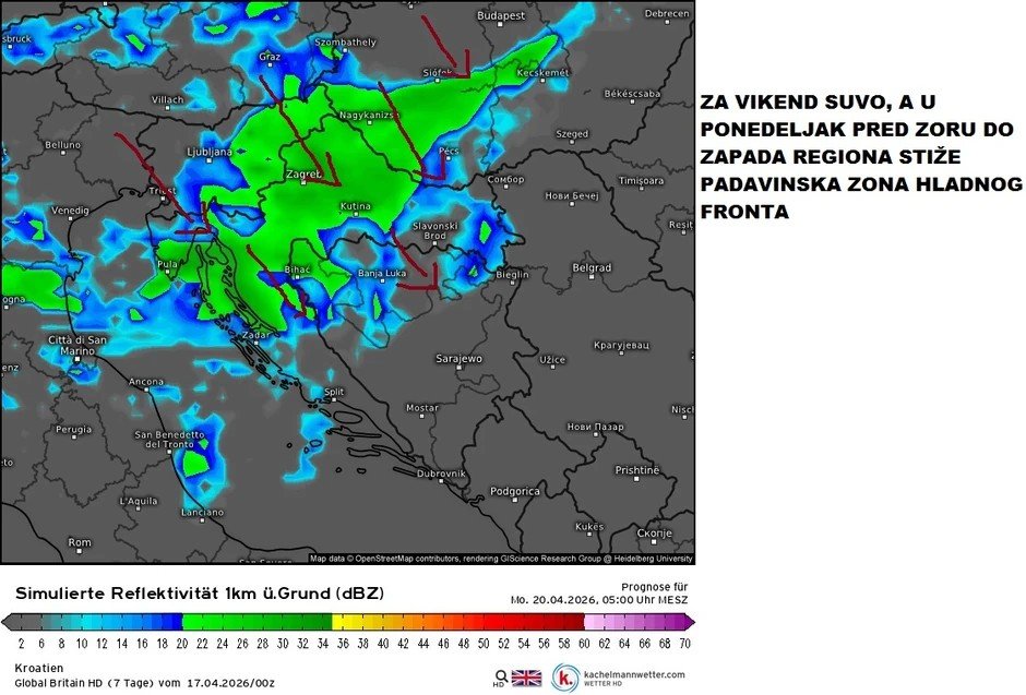 Радар осадков на утро понедельника 20 апреля: зона ливней холодного фронта заходит с запада на Балканы