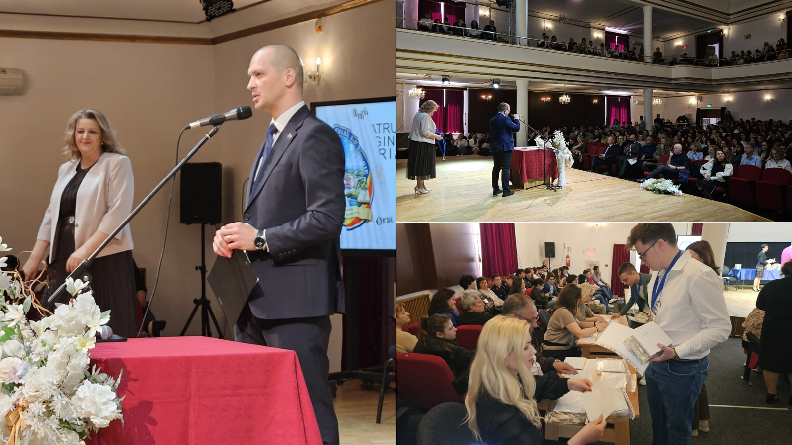 Коллаж с церемонии награждения национальной олимпиады по истории в Ораде: открытие, зрительный зал и участники с дипломами