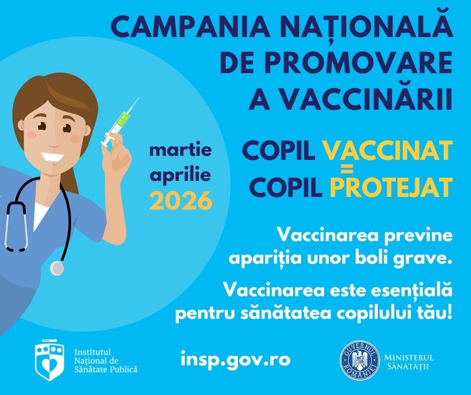 Плакат Национальной кампании вакцинации Министерства здравоохранения Румынии (март–апрель 2026): мультяшный врач со шприцем и слоган «Copil vaccinat = copil protejat» («Привитый ребёнок — защищённый ребёнок»)
