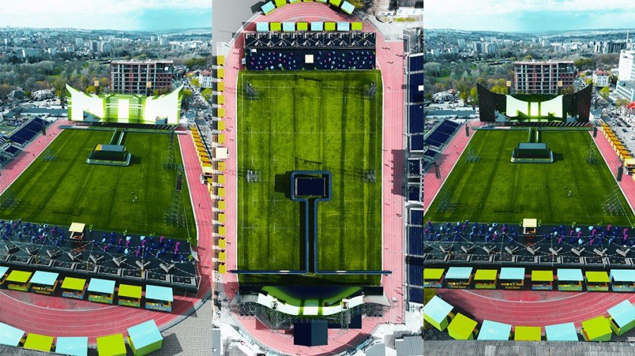 Промо-композиция фестиваля Născut &icirc;n Moldova: три ракурса стадиона &laquo;Динамо&raquo; с буквами NIM, размещёнными на зелёном футбольном поле кишинёвской арены