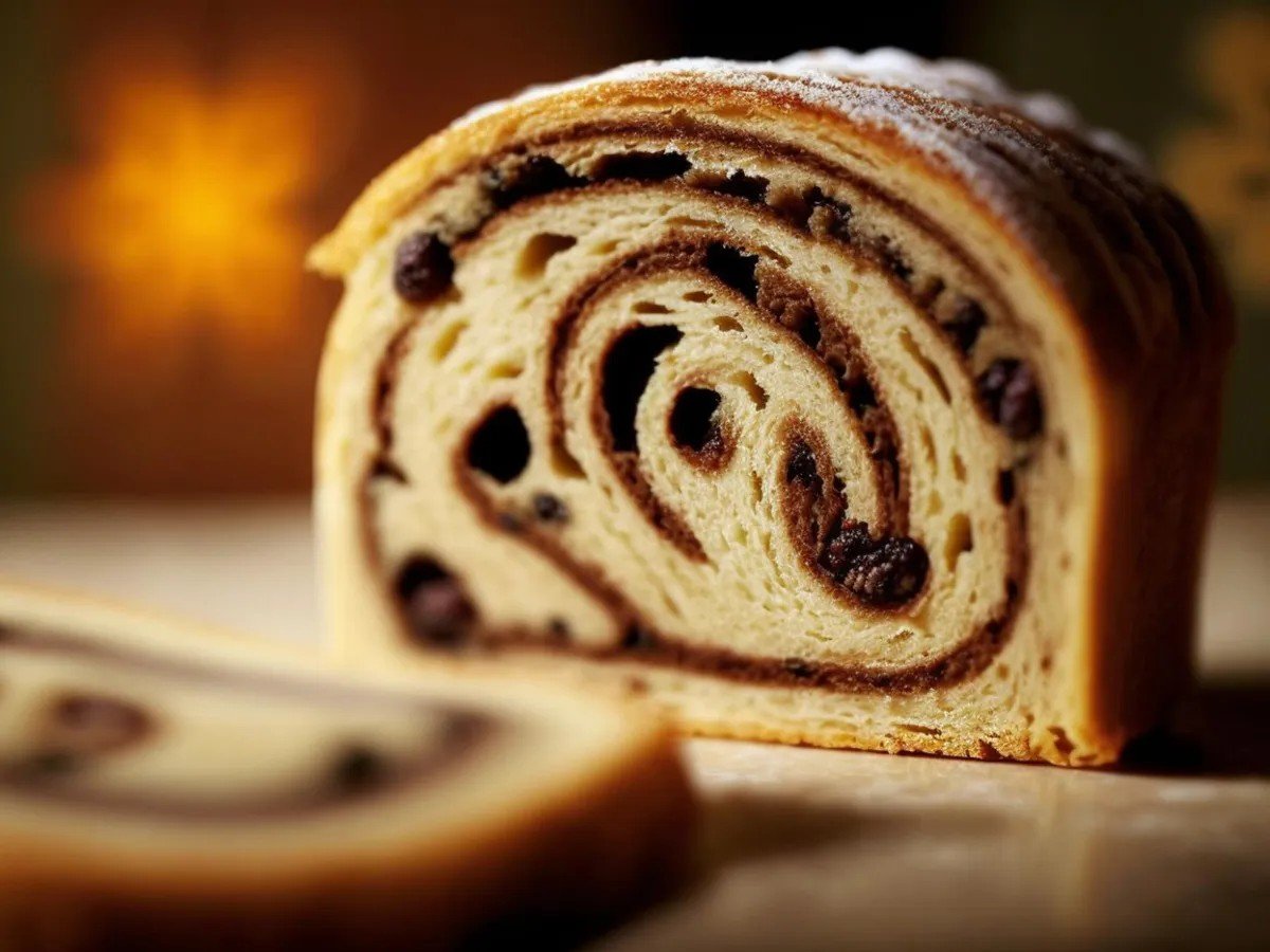 Срез традиционного румынского кулича (cozonac) с начинкой из какао и изюма на тёплом фоне с праздничным освещением