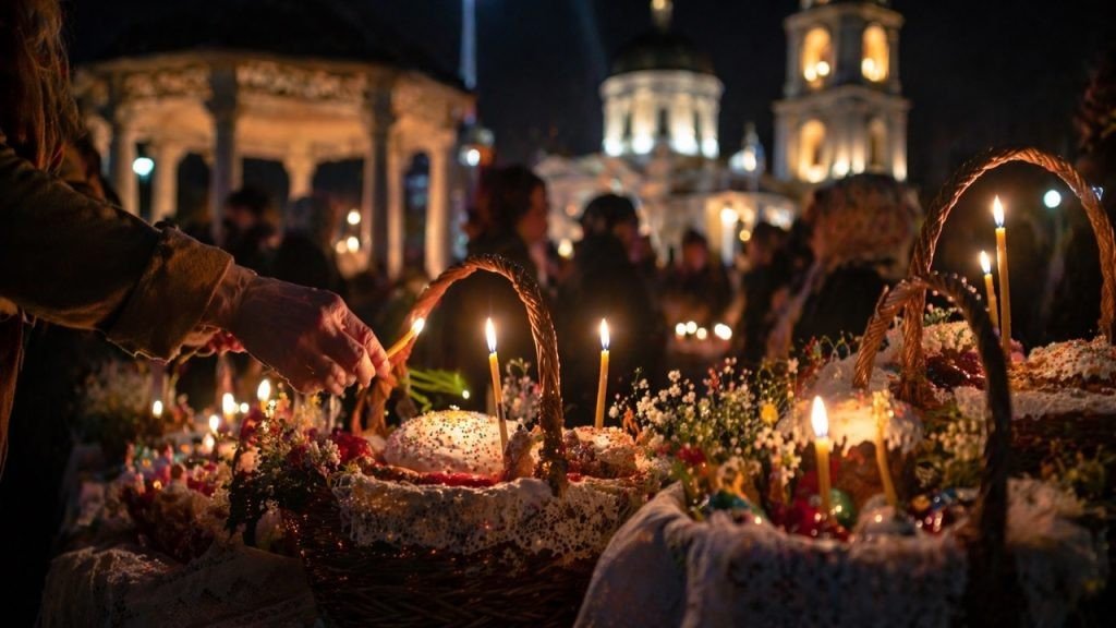 Ночное освящение пасхальных корзин со свечами у храма — верующие ожидают благословения