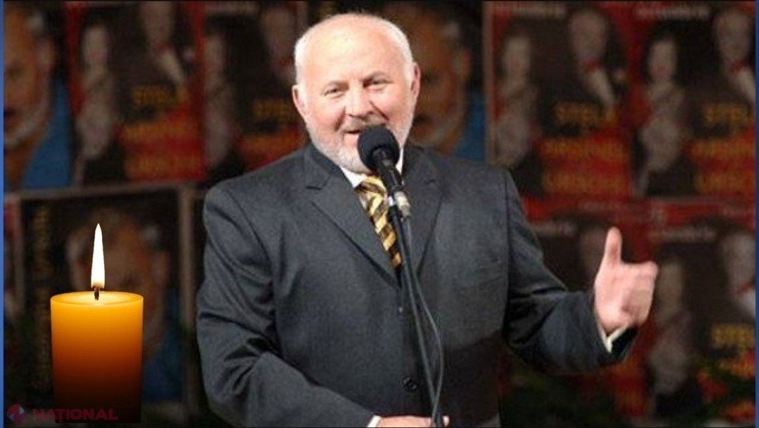 Георге Урски за микрофоном на фоне афиш спектакля «Стела и Урски» — редакция Ziarul National добавила символическую траурную свечу