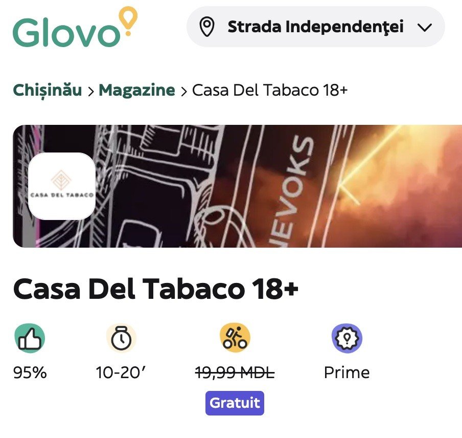 Скриншот приложения Glovo с табачным магазином Casa Del Tabaco 18+ в Кишинёве и временем доставки 10–20 минут