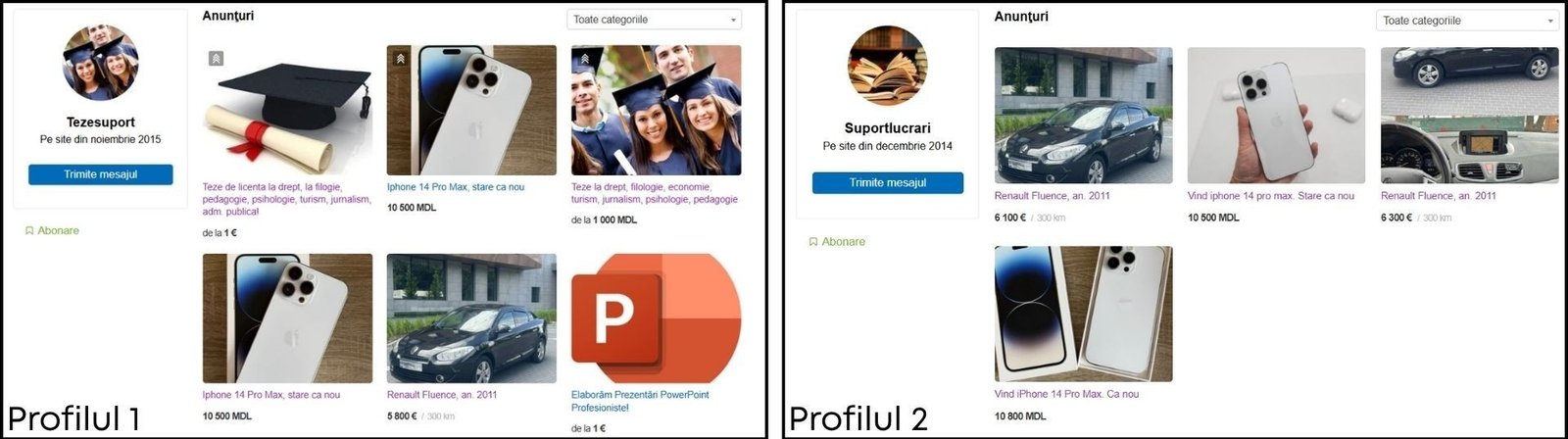 Скриншоты двух Facebook-профилей — «Tezesuport» и «Suportlucrari», — где объявления о продаже дипломных и магистерских работ публикуются вперемешку с частными объявлениями о продаже iPhone и автомобилей
