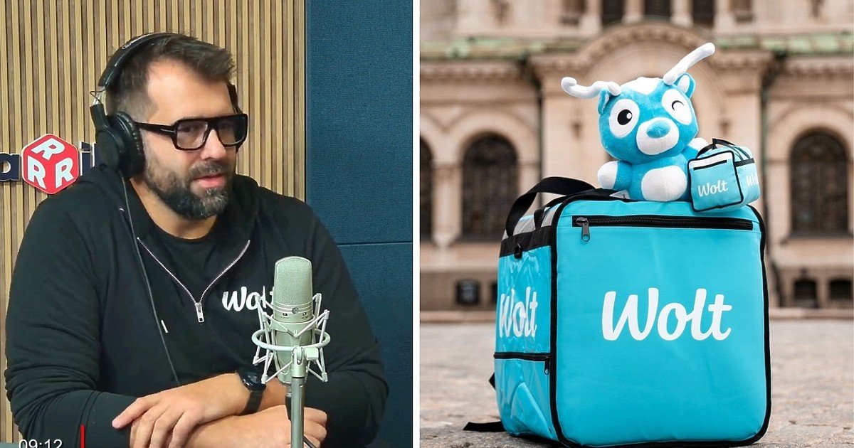 Ивайло Нецов даёт интервью на радио о планах Wolt по расширению в Болгарии; справа — фирменная сумка курьера и маскот Wolt