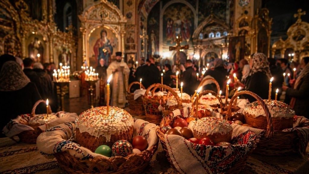 Пасхальные корзины с куличами и свечами внутри православного храма во время праздничной службы