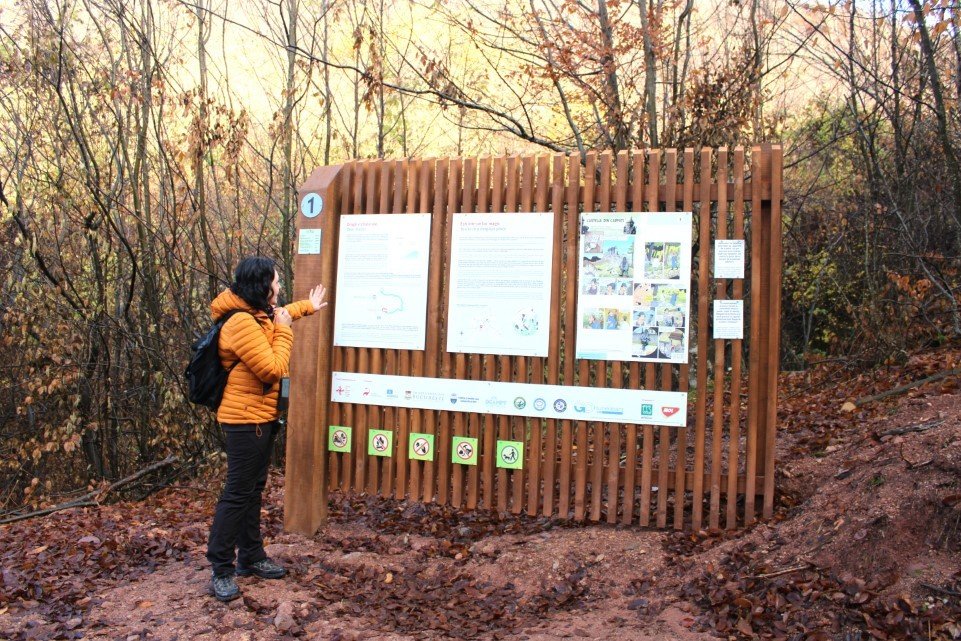 Информационный стенд на новой тематической тропе с комиксами в Геопарке Цара Хацегулуй — первой в Румынии