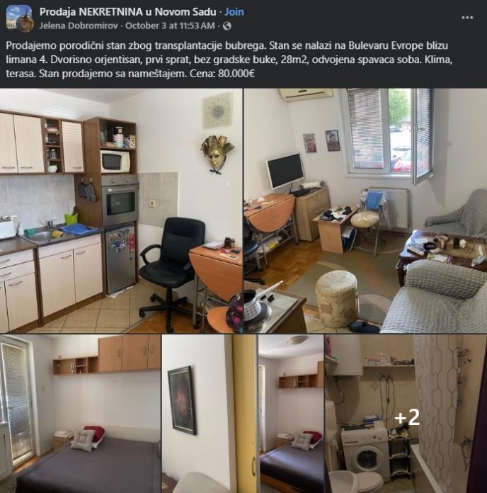 Фейсбук-публикация Елены Добромиров с фотографиями продаваемой квартиры и текстом о трансплантации