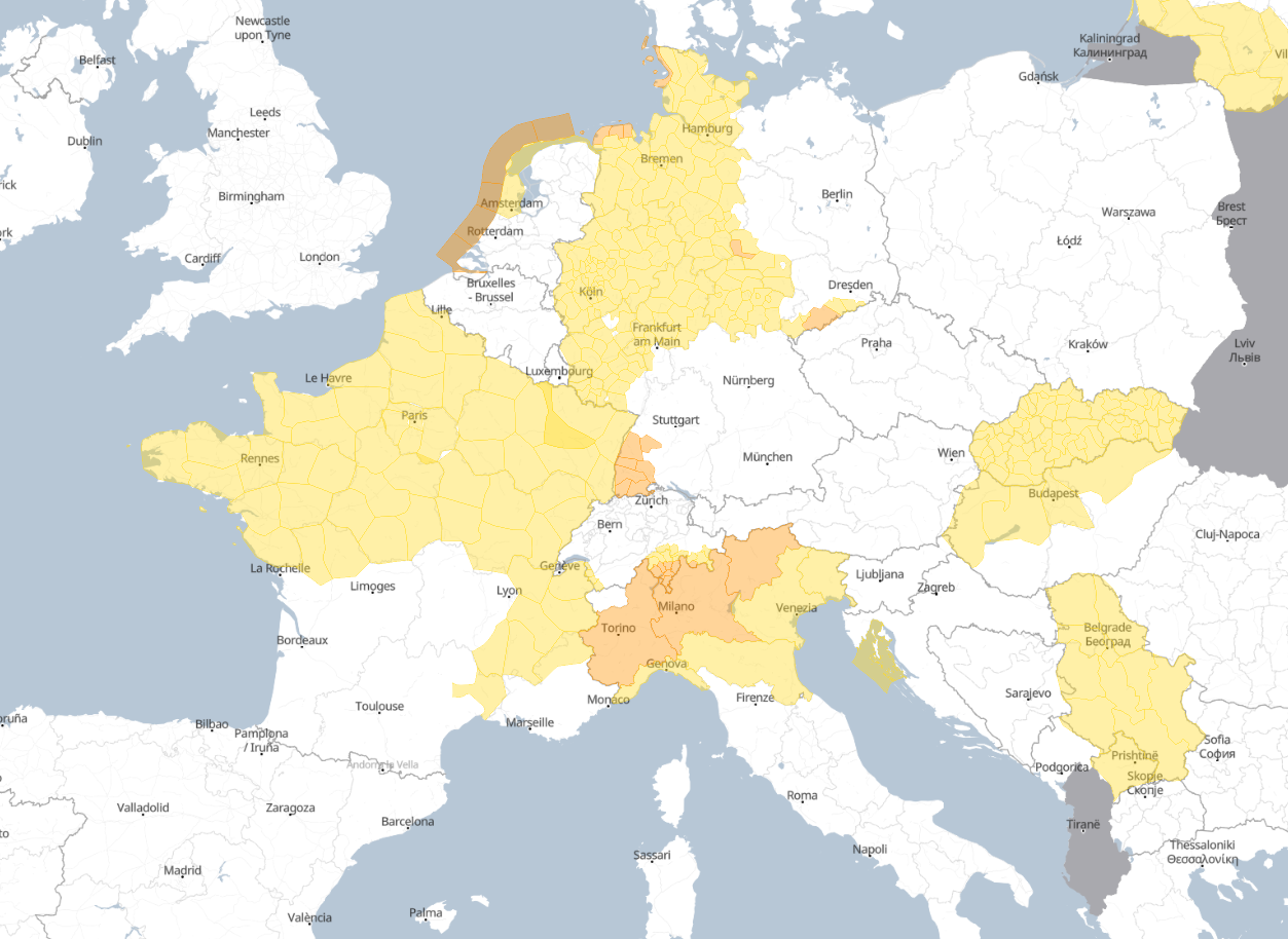 Сводная карта предупреждений Meteoalarm по Европе: жёлтые и оранжевые зоны отмечают страны с действующими метеорологическими рисками, включая Молдову и соседние государства