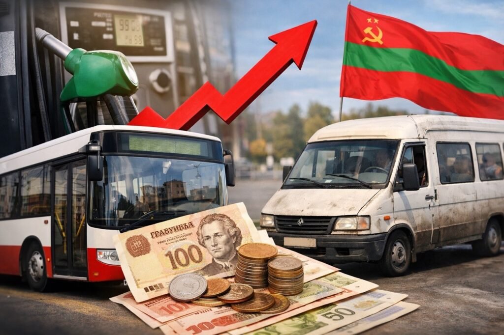 Проезд в Приднестровье подорожал: тарифы выросли на 17% Коллаж с автобусом, маршруткой, стрелкой роста цен и флагом Приднестровья