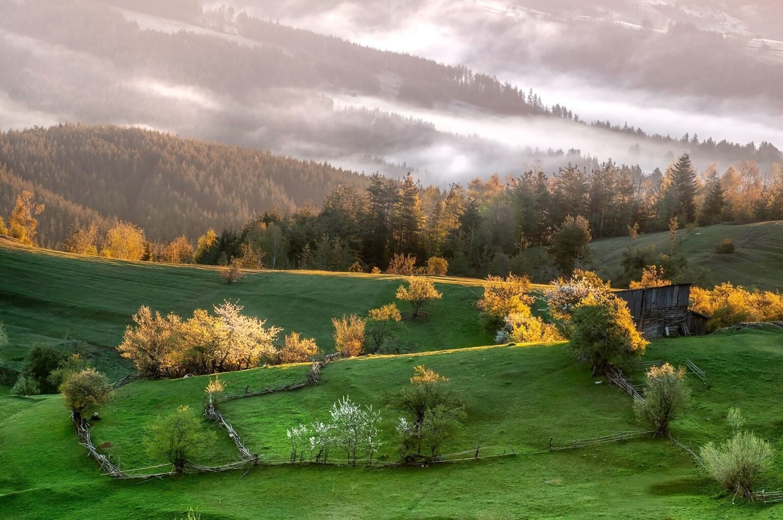 Снег в апреле: холодный фронт вернул зиму в Болгарию Весенний пейзаж в болгарских горах с зелеными лугами, цветущими деревьями и туманными облаками над лесистыми холмами