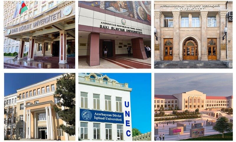 Коллаж зданий бакинских вузов: Бакинский государственный университет, Бакинский славянский университет, UNEC и другие