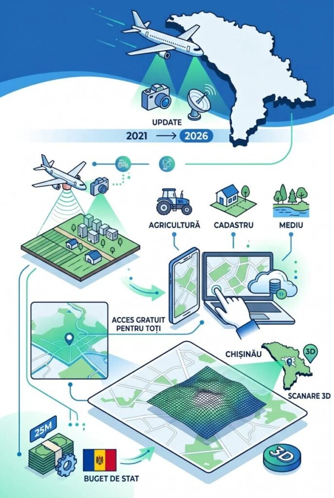 Инфографика проекта аэрофотосъёмки Молдовы: самолёт сканирует территорию, данные используются для сельского хозяйства, кадастра и экологии, бесплатный доступ к 3D-картам Кишинёва
