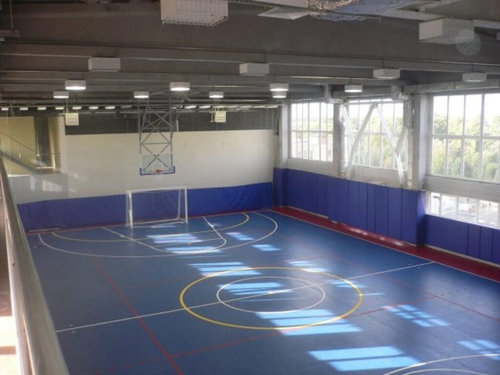 Пустой зал многофункционального спортивного комплекса с баскетбольным щитом, воротами для мини-футбола и синим покрытием с разметкой; дневной свет из больших окон