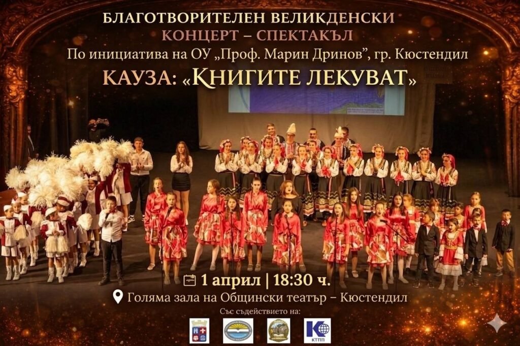 В Кюстендиле дети дают спектакль ради детей Дети выступают на сцене Общинского театра Кюстендила во время благотворительного пасхального концерта-спектакля «Книгите лекуват»