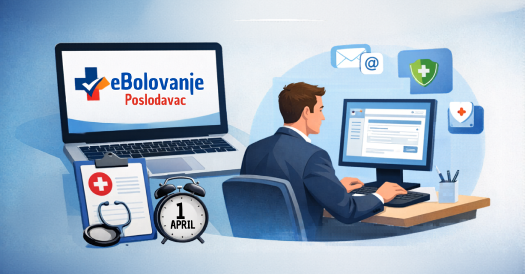 Сотрудник за рабочим столом использует систему «еБоловање — Послодавац» на компьютере, рядом будильник с датой «1 апреля» и медицинские иконки